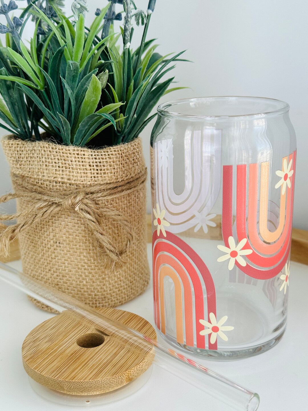 Boho Rainbow Glass Cup Daisy Glass Can Iced Coffee Cup Cute Glass Cup