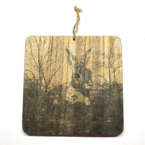 Square Wood stump decor ink transfer of wild animal