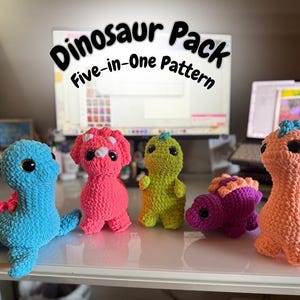 Virkmönster för dinosauriepaket | Amigurumimönster för Stegosaurus, Brontosaurus, T-Rex, Plesiosaurus och Triceratops