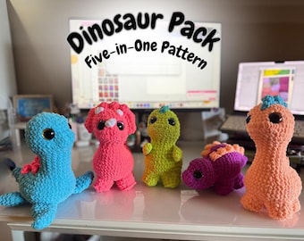 Dinosaur Pack Crochet Pattern | Stegosaurus, Brontosaurus, T-Rex, Plesiosaurus, Triceratops amigurumi pattern