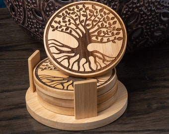 Bamboo Coasters with Tree of Life engraving