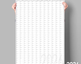 May include: A large vertical 2026 wall calendar featuring a grid layout with twelve columns representing each month from January to December. The white paper displays black text and lines, with the year 2026 printed in large, light gray font.