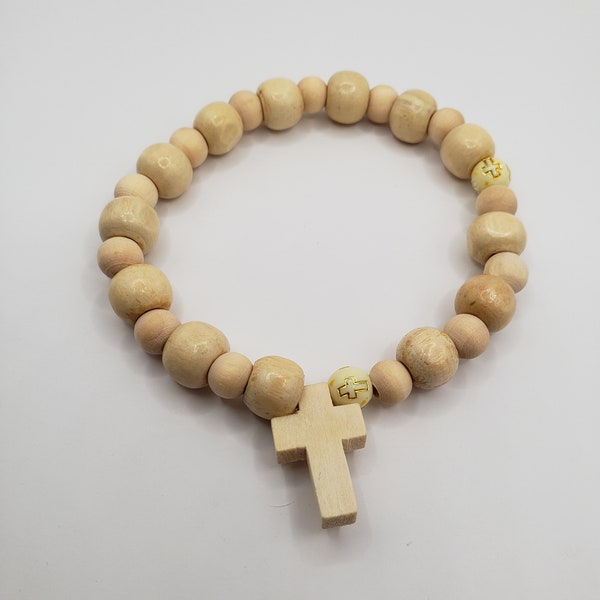 Catholic wood stretch 1 decade rosary bracelet for men or unisex