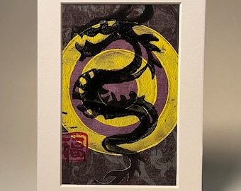 YEAR of the DRAGON I, original handmade paper collage, 5"x7", matted