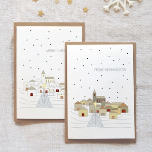 Set di 2 cartoline di Natale, cartoline piegate con busta, villaggio