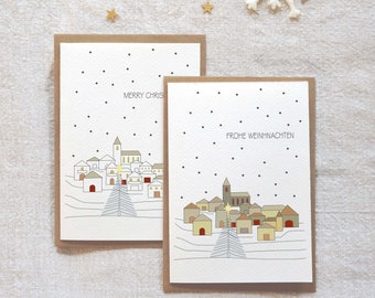 2er Set Weihnachtskarten, klappkarten mit Umschlag, Dorf