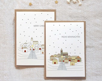 Set de 2 tarjetas de Navidad, tarjetas dobladas con sobre, pueblo