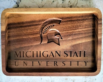 Michigan State University Engraved Walnut Wood Catch Tray, Valet - Keys, Coins, Jewelry
