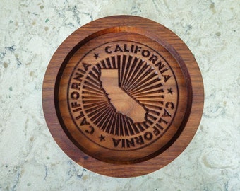 California Engraved Walnut Wood Catch Tray, Valet - Keys, Coins, Jewelry