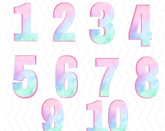 May include: Set of ten watercolor numbers in pink, blue, and green. The numbers are outlined in pink and have a watercolor effect.