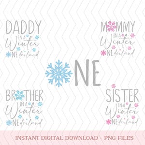 May include: A digital download of four winter-themed designs featuring the words "Daddy in a Winter Wonderland", "Mommy in a Winter Wonderland", "Brother in a Winter Wonderland", and "Sister in a Winter Wonderland". The designs are in blue and pink with snowflakes.