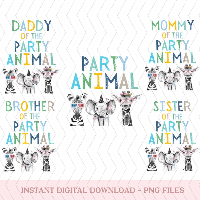 Puede incluir: Un conjunto de cuatro im&aacute;genes digitales que muestran una cebra, un elefante y una jirafa con sombreros de fiesta y gafas. Cada imagen incluye texto que dice "Pap&aacute; del animal de la fiesta", "Mam&aacute; del animal de la fiesta", "Hermano del animal de la fiesta" y "Hermana del animal de la fiesta".