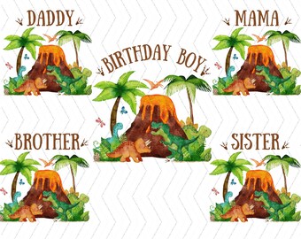 May include: Watercolor digital download featuring dinosaur illustrations with a volcano, palm trees, and butterflies. Text includes "Daddy," "Mama," "Brother," "Sister," and "Birthday Boy." The words "Instant Digital Download ~ PNG Files" are also present.