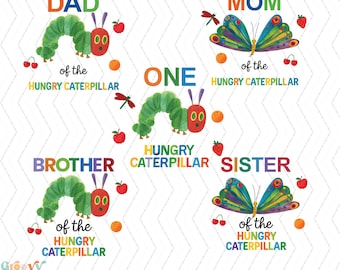 Clipart de cumpleaños de La Oruga Hambrienta, Familia Oruga PNG, Camiseta de Primer Cumpleaños, Paquete Familiar de Cumpleaños, Descarga Digital de Cumpleaños