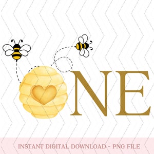 May include: A yellow and black bee flies towards a honeycomb with a heart in the center. The word "ONE" is written in gold letters.