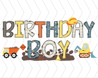 Może przedstawiać: Grafika urodzinowa w stylu budowlanym z napisem "Birthday Boy" w kolorowych literach z wzorami pojazdów budowlanych. Grafika zawiera wywrotkę, koparkę, stożek drogowy i kask.