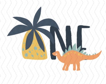 May include: A digital download of a graphic featuring the word "ONE" in black with a blue palm tree and an orange dinosaur. The graphic is perfect for a first birthday party.