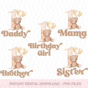 Teddybeer 1e verjaardag png, teddybeer bijpassende familieverjaardag png, moderne Beary 1e verjaardag meisje png Teddybeer