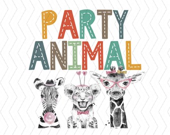 May include: A whimsical digital illustration featuring the text "PARTY ANIMAL" in colorful stitched letters above three cartoon animals. A zebra, lion cub, and giraffe are depicted with playful accessories, including a cowboy hat, bow tie, and glasses.