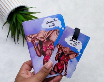 Where to next' Travel Set - Pink - Black Women Travel Gift -Illustrated Passport cover