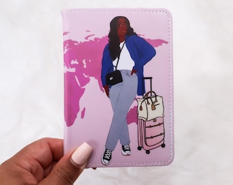 Illustrated Pink Black Women Travel Passport Holder - Travel affirmation gift