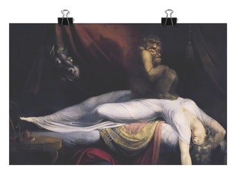 May include: A painting depicting a woman asleep in a white nightgown, with a dark figure standing over her. The woman's hair is long and flowing, and her face is pale. The dark figure has a menacing expression, and its eyes are glowing red. The painting is set in a dark and shadowy room, and the atmosphere is one of fear and suspense.
