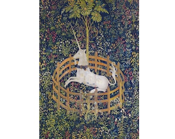 May include: A tapestry depicting a white unicorn within a golden fence, surrounded by a lush, detailed garden. The background is a deep blue with various flowers and foliage, and a tree is positioned above the unicorn.