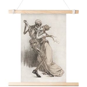 May include: A black and white drawing of a skeleton dancing with a woman. The skeleton is wearing a top hat and the woman is wearing a long dress and a crown. The drawing is done in a realistic style and has a dark and mysterious feel.