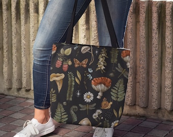 Dark Forest Tote Bag | Cute Gothic Shopping Market Forest Floor Snails Mushrooms Ferns Flowers Moths Cottagecore Dark Academia Goblincore