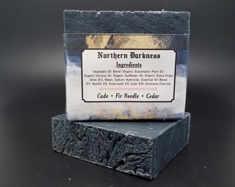 Northern Darkness Black Metal Soap for Metalheads Charcoal Face and Body Soap Unisex Cedarwood Fir Needle Campfire Scent All Natural Vegan