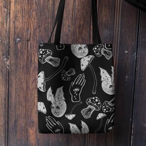 Spooky Spells, Bats and Mushrooms Tote Bag | Gothic Occult Spellbook Bats Crystals Magick Market Bag Mushroom Cute Witchy Bruja Shopping