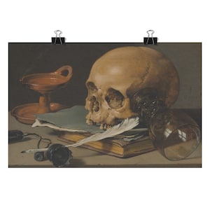 Still Life with a Skull by Pieter Claesz Matte Poster | Memento Mori Vanitas Painting Skull Gothic Writing Quill Fine Art 11x17 18x24 24x36