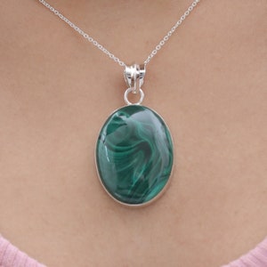 Natural Malachite Pendant~925 Sterling Silver Necklace~Handmade Gemstone Pendant~Halloween Jewellery~Anniversary Gift For Wife