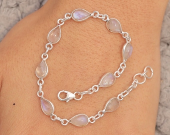 Rainbow Moonstone Bracelet~925 Sterling Silver Bracelet~June Birthstone Bracelet~Handmade Gemstone Bracelet~Moonstone Silver Jewellery