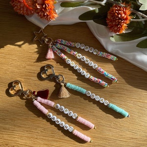 PORTE-CLÉS - Bijoux de sac Accroche cartable cartable personnalisé prénom perle heishi mousqueton étoile or argent or rose acier inoxydable