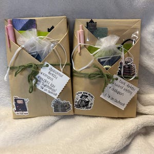 May include: Two brown paper wrapped book packages tied with green yarn. Each includes a pink pen, a white organza bag, and stickers. Tags read: Paranormal fantasy, romance, mystery box, supernatural, 4 stars on Goodreads and Dark fantasy, twisted retelling, dystopian, 3.7 stars on Goodreads.