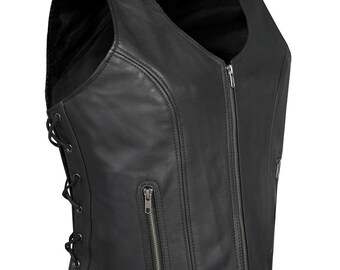 Women's Soft Leather Motorcycle Vest - Concealed Carry Pockets, Black (XS-5XL) #HL14500B