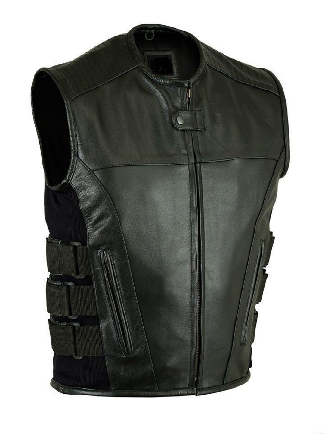 Faux Leather Fishing Vest Black Vintage Sleeveless Jacket Cargo XL 