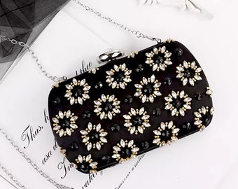 Designer Black Crystal Clutch Bag / Evening Bag | Handmade | Pure Silk Bag | Wedding Party Bags | Trendy Elegant Clutches | Gift For Her