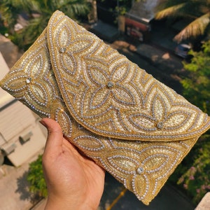 Light Gold Floral Crystal Bag | Pure Crystal Handwork | Premium Quality Bag | Party Bridal Wedding Bag | Elegant Evening Bag / Clutch Bag