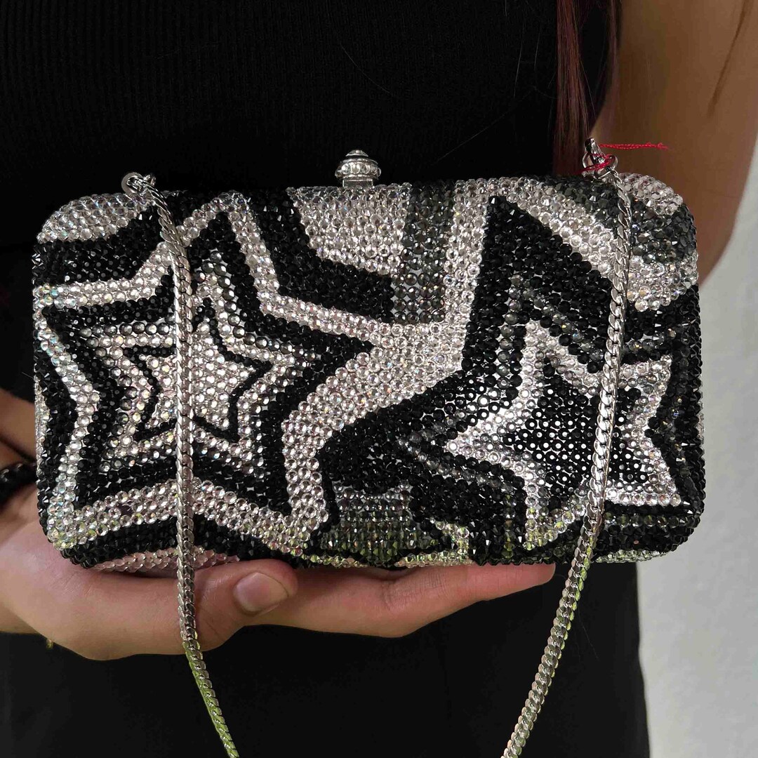 Black & Silver Designer Crystal Bag Long Sling Evening Bag for Women
