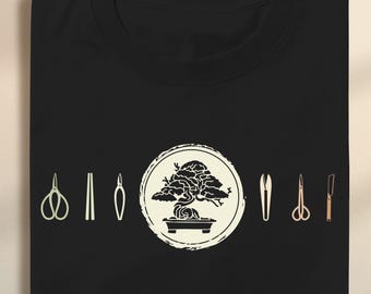 Premium unisex bonsai shirt to offer for a bonsai fan shirt with a cool hand drawn bonsai tree and bonsai tools made of organic cotton