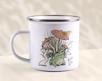 Frog enamel mug for cottage core fans with mushrooms illustration and cute frog for this nice aesthetic gift