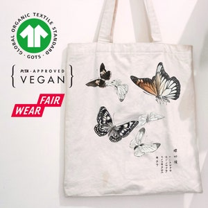 Vegan tote bag with Japanese style butterflies, organic cotton, Japanese art, vegan bag, gift for her - bag for shopping