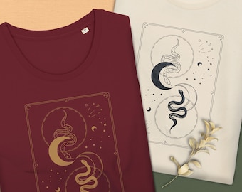 Joli t-shirt tarot avec illustration de Serpents et lune premium 100% Coton Bio Tarot Chemise Mystique T-shirt de sorcière Spiritualité