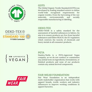 May include: A graphic with logos for four different certifications for sustainable and ethical textile production: GOTS, OEKO-TEX, PETA, and Fair Wear Foundation. The logos are green, blue, and black with white text.
