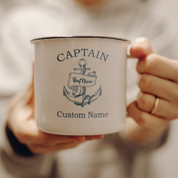 Enameled mug to personalize, Personalize this mug with the captain's and boat's name, enamel vintage mug perfect gift for sailor