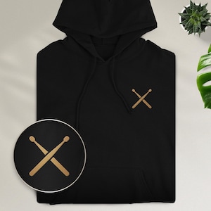Minimalistische drumstokken geborduurd op hoodie, origineel cadeau voor drummers, milieuvriendelijk unisex premium voor muzikanten