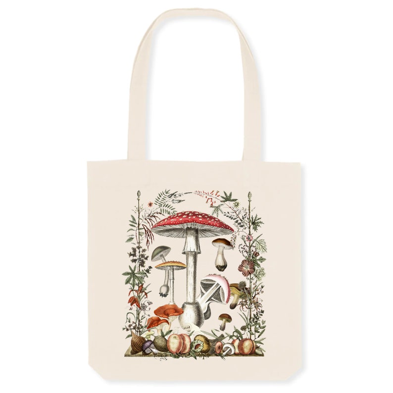 May include: A tote bag with a vintage illustration of mushrooms and other forest flora. The mushrooms are red, white, brown, and green. The background is a cream color.
