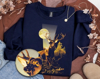 Suéter unisex con estampado de ciervo, idea de regalo con paisaje forestal, estilo vintage natural, sudadera para ella